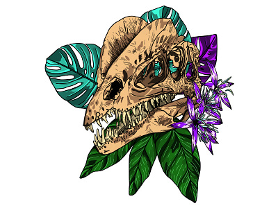 Dilophosaurus dinosaur flower illustration leaves nature skull