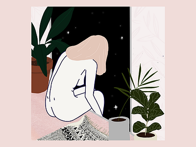 Polvo de estrellas botanical depressed flower home illustration ipadpro jump leaves nature plant sad strong window woman