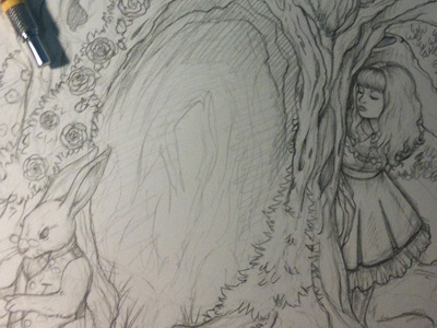 "Alice in Wonderland" WIP alice in wonderland book cover drawing illustration pencil rabbit white