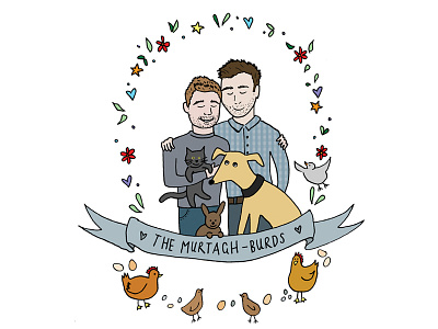 The Murtagh-Burds character couple family family portrait illustration love pets