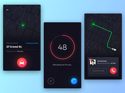 Taxi Application app application colors countdown darkui interface ios map taxi ui ux
