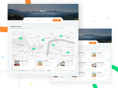 Find Vehicle Inspections Center landing page list view location logo maps search page ui designer mumbai vehicle design website