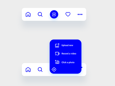 Mobile app navigation bar exploration #1 app app design blue blue and white dropdown figma interaction mobile nav navigation menu plus tab tabbar tabs ui ux