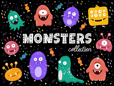 Monsters Hand Drawn Set Illustration art colorful creative font grapgic design illustration lettering modern monsters stylish