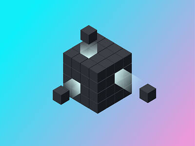 Cube with shooting blocks 3d animation black block blue cube dark design floating gra gradient graphic illustration light neon purple shooting vector