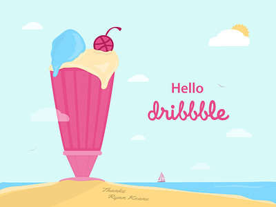 Hello Dribbble beach debut digital design dribbble flat illustration ice cream summer