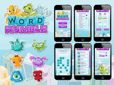 Word Rumble UI cartoon game design illustration kaiju mobile app design monsters ui design