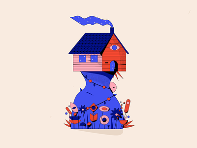 Dwell art blue cabin character color design digital eye flowers graphic design head home house illustration man nature pink star think vector