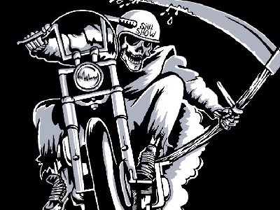 Reaper black and white drawing grayscale illustration monochromatic motorcycle reaper