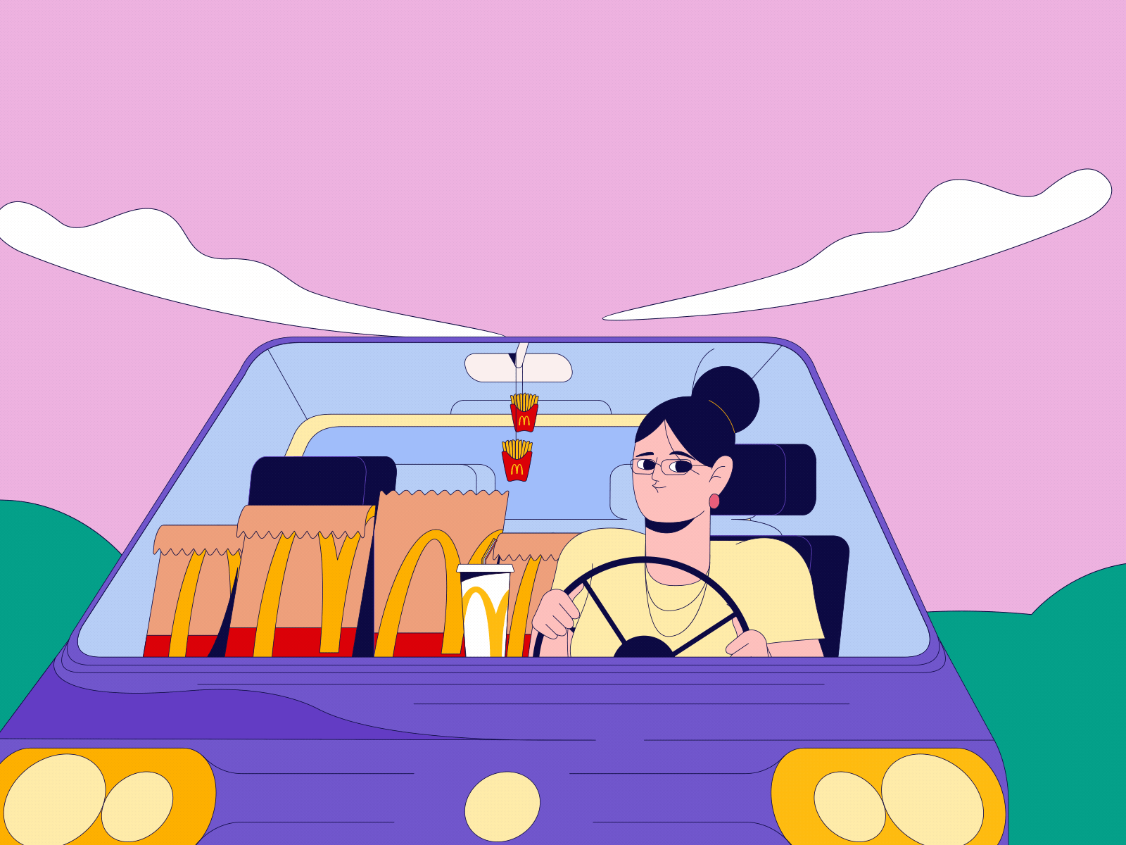 McDonald's Sunday 2d animation animation burgers car character driving illustration mom motion design takeaeway
