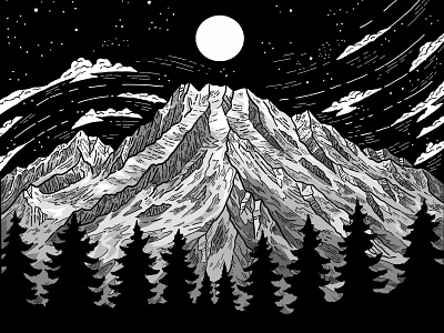 Moonlit Mountain adventure bw clouds glow landscape linework moon mountain mountains night night sky northwest outdoors pnw procreate stars trees washington wilderness