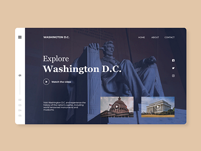 Explore Washington D.C. clean concept design homepage interface landing page minimal modern monuments museums product simple tour travel ui ux video washington dc web design website
