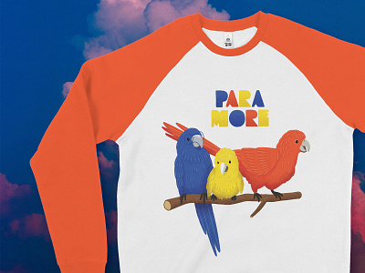 Paramore T-Shirt Design for Impericon's Call for Artists band bandmerch birds blue bugies clouds colourful illustration illustrator merchandise merchandise design mockup music paramore parrots red tshirt yellow