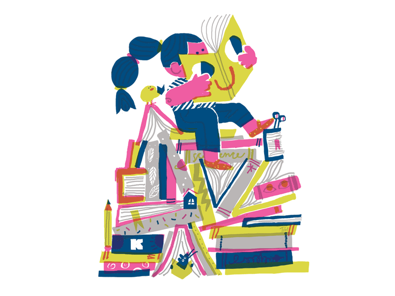 Reading Time blue books character design gif grey illustration pink screen printing yellow