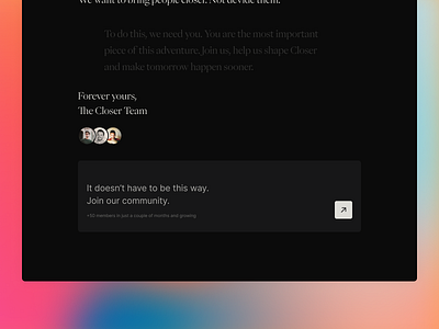 Closer Manifesto branding chat colours design graphic design grid landing page manifesto serif typography ui ux website design