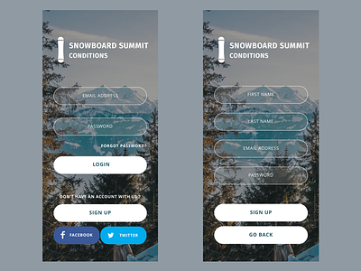 Snowboard Summit Conditions - Login & Register design iphonex login mobile design register snowboard snowboarding ui user interface ux weather conditions winter