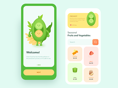 Healthy food shop App app card design flat fruit green icon illustration interface ui vegetables