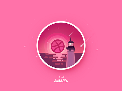 Hello Dribbble first hello invite lighthouse meteor pink sea