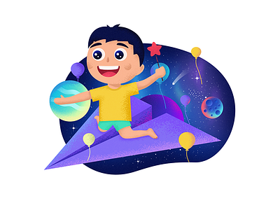 Children's dream balloon child cute illustration meteor paper plane planet space star