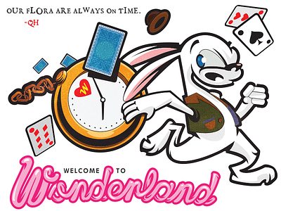 Wonderland Travelcard alice bunny cards cartoon illustration postcard rabbit travel vector watch white wonderland