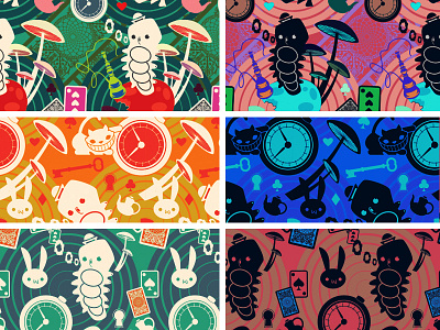 Wonderland Patterns alice cards caterpillar clock fantasy mushrooms pattern rabbit repeating vector white wonderland