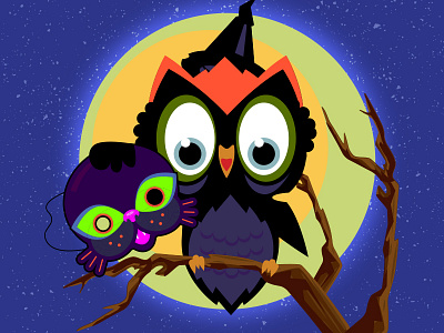 Andy Owl's pussycat mask cartoon character creature drawlloween halloween mask moon night owl spooky tree