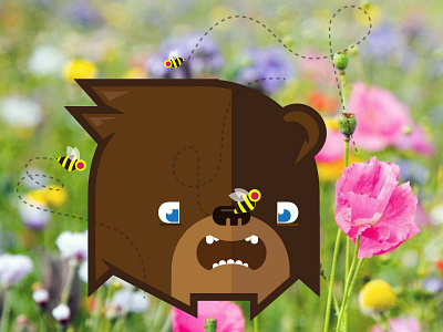 Square Bear Finds the Bees bear bee cartoon comic cub fear flowers fuzzy illustration vector