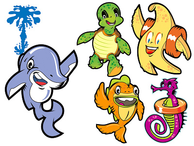 Swim Friends beach cartoon character design comic dolphin fish fun happy illustration kids mascot ocean pool sea seahorse sketch starfish summer swim turtle vector water