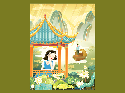 Meet unexpectedly boat boat with a dark awning chinese style cloud girl graphic design illustration lake lotus man meet by chance mountains short hair sunshine water wave hand
