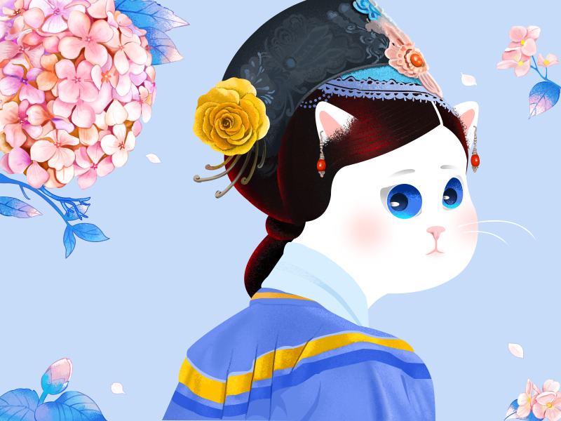 Empress miaou clothing harem woman qing dynasty palace earrings cat drawing hydrangea headwear empress queen flower cute cat graphic design illustration