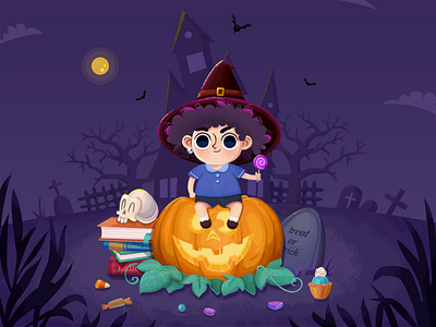 Happy halloween bat books boy cakes candy graphic design halloween bash house illustration moon mooncake noisy point pumpkin purple skull tombstone treat or trick trees villa witch hat