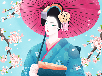 Geisha Girl bun cherry blossoms flower geisha girl graphic design hair ornament illustration japan japanese kimono leaf tassels