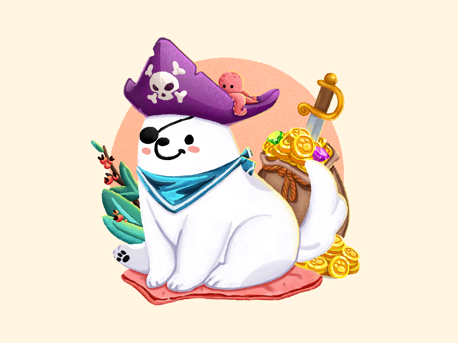 Adorable Puppy 3 cushion diamonds patch scarf pirate hat octopus plants pet dog puppy samoye treasure coin the sword pirate graphic design illustration