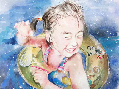 Happy swimming character watercolor