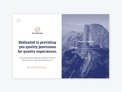 ter·ra fir·ma Homepage Concept homepage login outdoors splitscreen ui