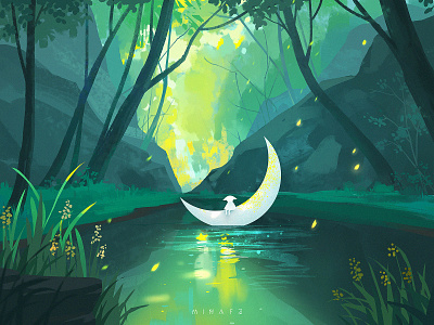 Dream journey art green illustration moon scenery tree