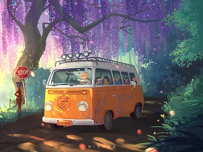 Dream Bus bus dream green illustration paradise sunlight tree warm