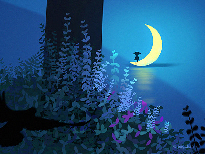 追星逐月 aestheticism art blue illustrations lovely moon scenery tree