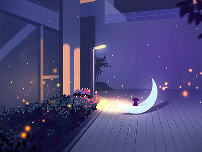 门前的小时光3 art building flat illustrations moon night purple scenery tree