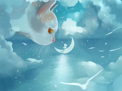 《梦幻之旅》-云海 art blue cat moon snow