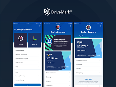 DriveMark - Profile card insurance list menu mobile app mobile ui profile