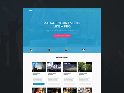 Evenesis - Landing page button calendar cards date event event management header listing search table testimonial