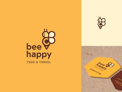 Bee Happy Tour & Travel animal animal logo animals app bee brand branding design flat icon illustration logo mascot mascot logo minimal pin simple travel agency typography yellow