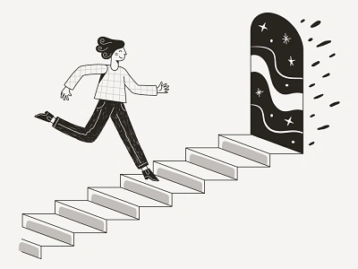 Welcome Illustration black white cartoon character flat illustration line line art lineart minimal portal simple staircase stairs ui ux vector web welcome woman woman illustration