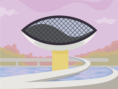 Curitiba Oscar Niemeyer Museum archictecture brazil colorful eye flat green illustration postal card poster purple tourism vector