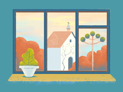 Through the window 1 autumn building candy colours city colorful digital paint house illustration landscape tree ui ux