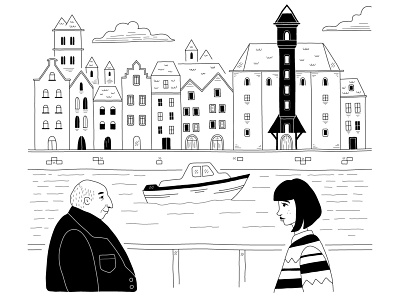 Black and white illustration - Gdansk architechture black black white character citi citizen draw editorial flat illustration landscape line art minimal old cartoon poland simple ui ux wip woman