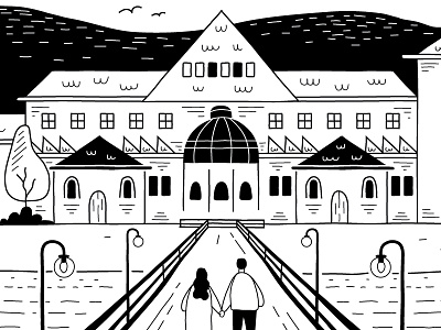 Black and white illustration - Sopot architechture black black white character city couple digital art draw flat illustration landscape line art minimal onecolor poland simple ui ux vector woman