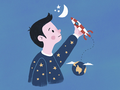 Children's day boy cartoon character child cute design digital art digital paint draw dream flat illustration kid minimal rocket simple space star ui ux