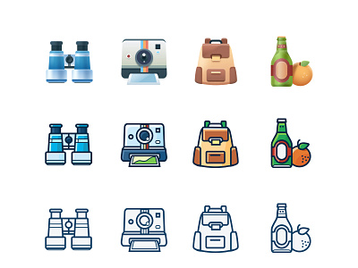 Category Icons backpack beer camera camera app fruit icons illustration line surface lineart stroke telescope texture tourism vector